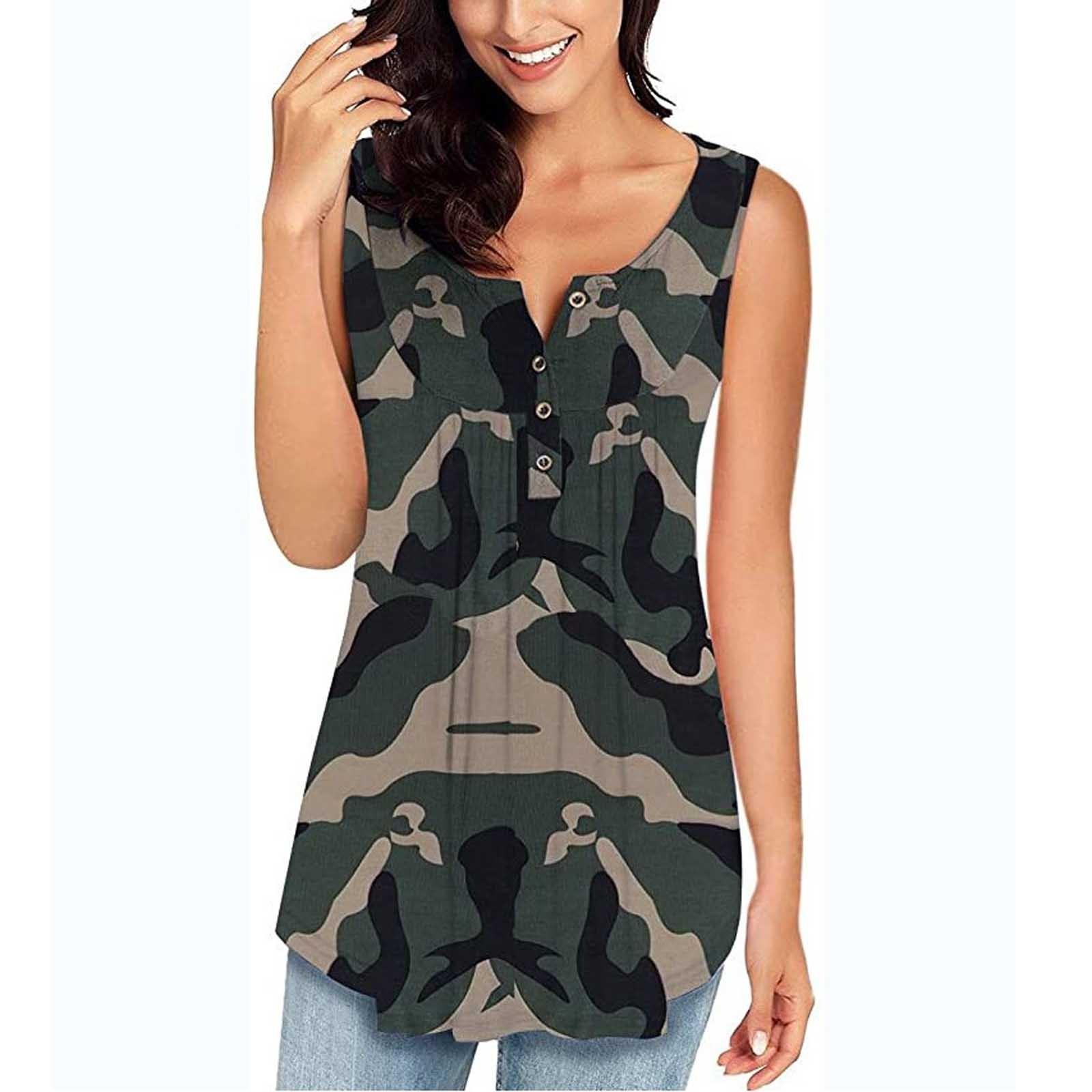 Women s Fashion Printed Pleated Sleeveless Casual T-shirt Vest Button Top M