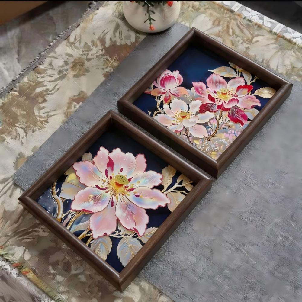 Wooden Lotus Tray Raised Frame Floral Serving Tray for Tabletop Storage Entryway Shelf Home Decor