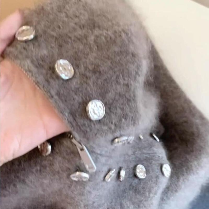 Grey Double Breasted Stand Collar Knitted Sweater Jacket Women Autumn Winter Thickened High Quality Lazy Zip