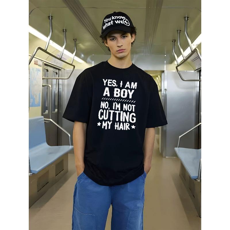 

Men s T-Shirt YES I AM A BOY NO I M NOT CUTTING MY HAIR - Oversized Streetwear Tee with Humorous Lettering, Moisture-Wicking Breathable Fabric 4XL чорний