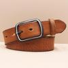 Retro Faux Stitch Men's Belt: Yellow Cattle Genuine Leather, Fashion Pin Buckle, Top Layer Cowhide.