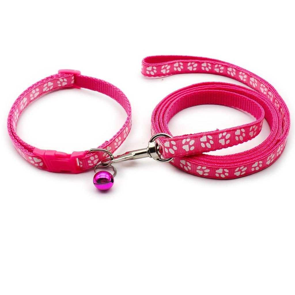 Pet Dog Collar and Leash Set, Cute Paw Pattern Nylon Dog Collar with Bell Long Dog Walking Leash