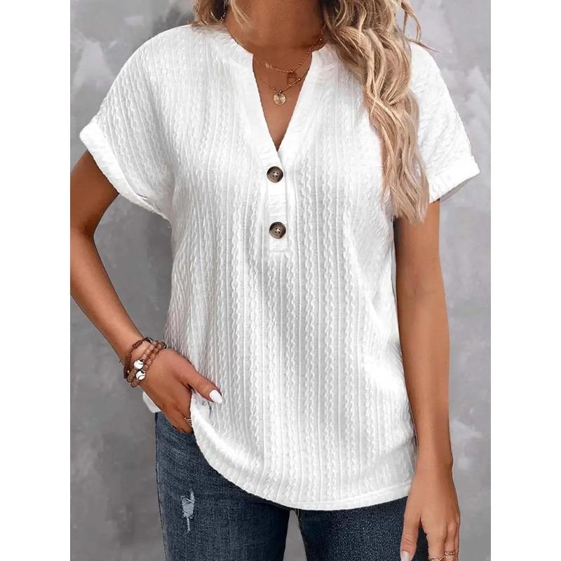 women s Textured Knit V‑Neck Half Button Short Sleeve Casual Summer T‑Shirt Top S белый