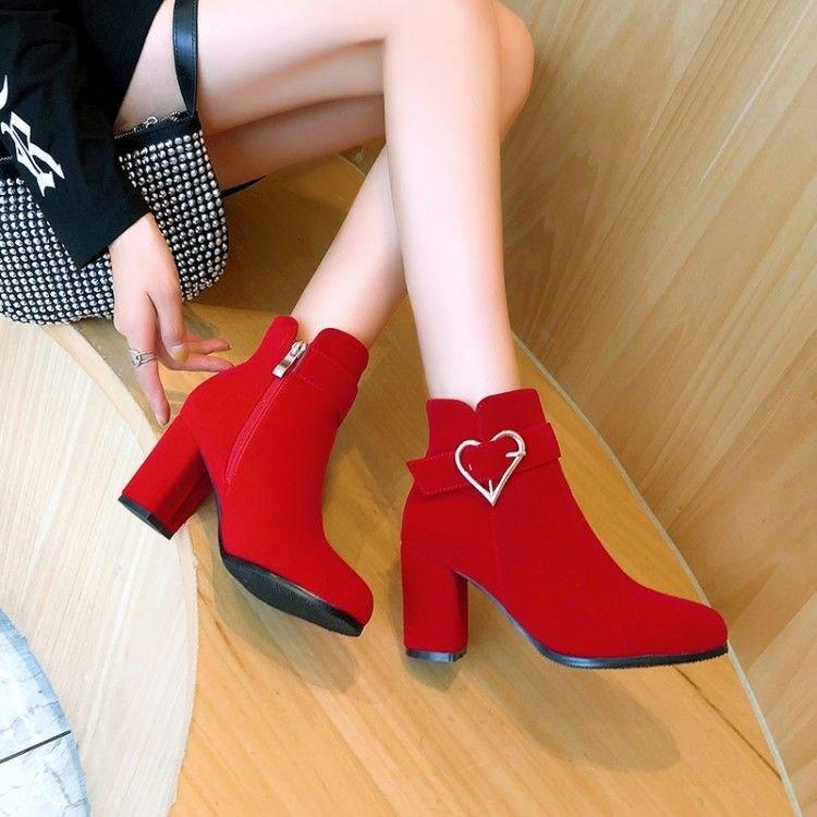 Short Boots Suede Velvet Single Boots Round Head Large Size Autumn and Winter New Red Wedding Shoes Thick Heel High Heels Fashion Women