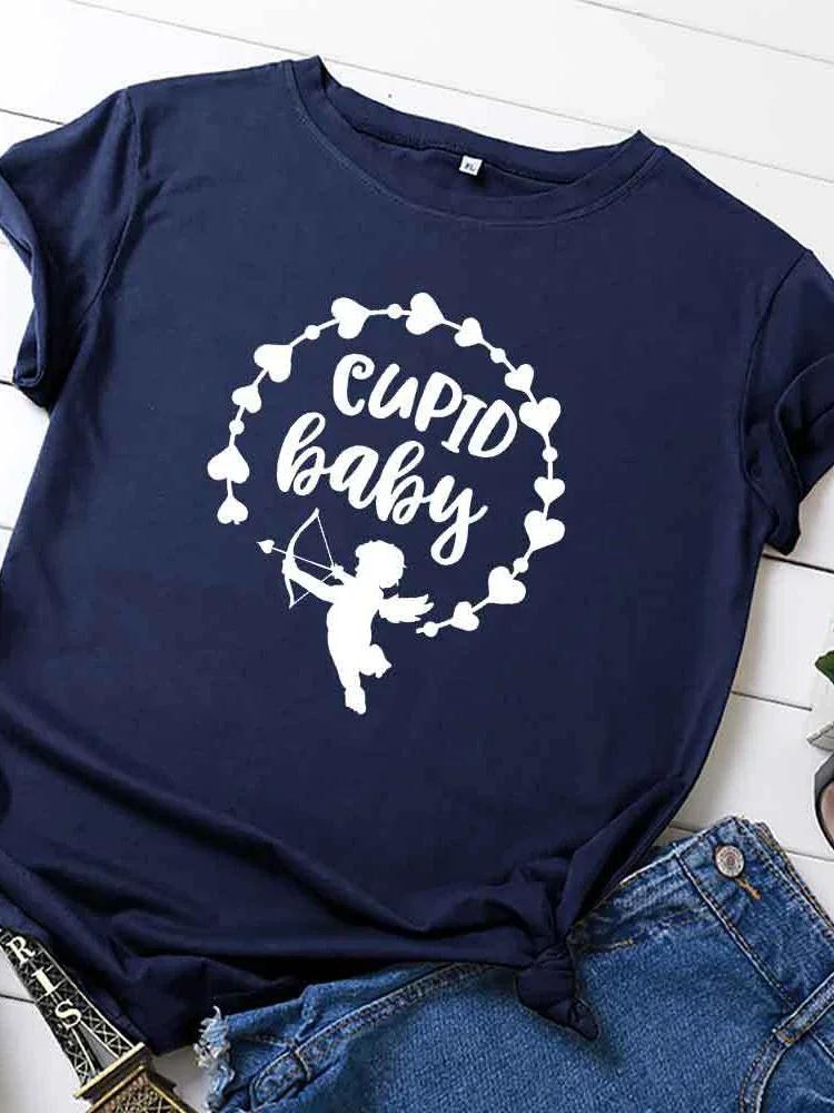 

Женская футболка с принтом «Купидон-малыш-ангел» с коротким рукавом и круглым вырезом, свободная женская футболка, женская футболка, топы, женские футболки XXXL темно-синий