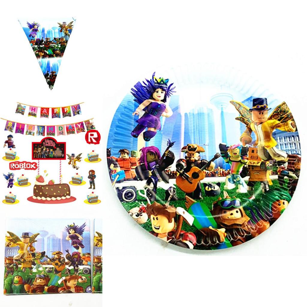 Suministros vibrantes para fiesta temática de Roblox para celebraciones de cumpleaños infantiles con pancartas y adornos para pasteles