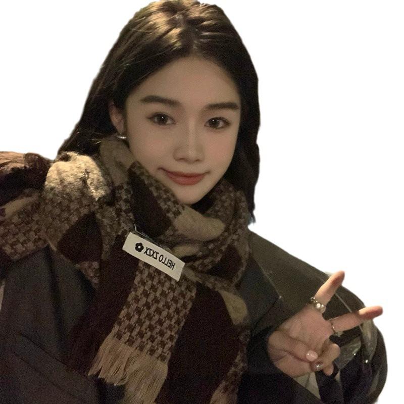 Autumn and Winter Japanese Korean Style Retro High End Plaid All Match Imitation Cashmere Scarf Thickened Neck Scarf Long Shawl