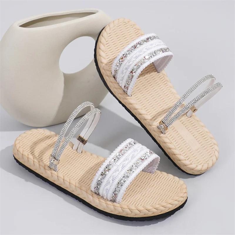 Fashion 2024 New Summer Fashionable Comfortable and Casual Soft-soled Thick-soled Rhinestone Flat-soled Wear-resistant Women's Slippers