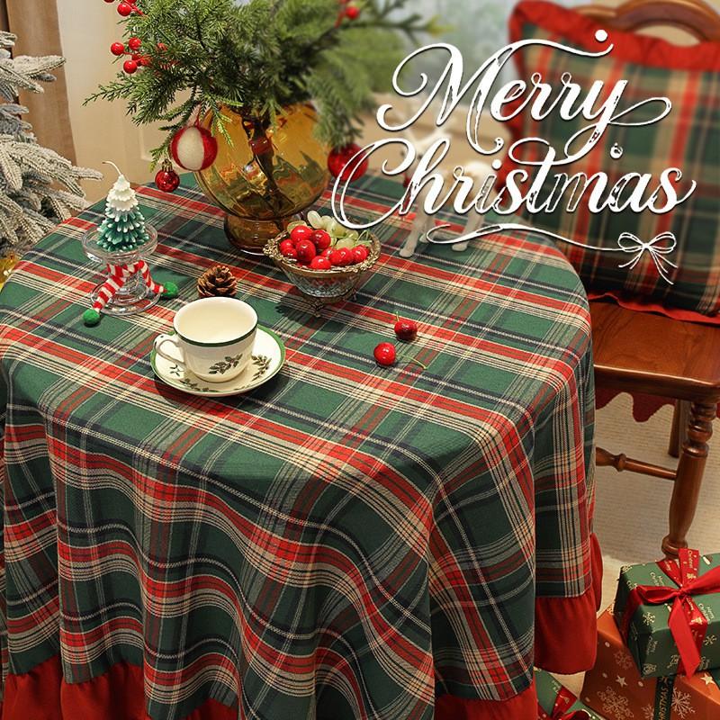 Christmas Green Plaid Ruffled Tablecloth Table Runner Decorative Cloth Home Party