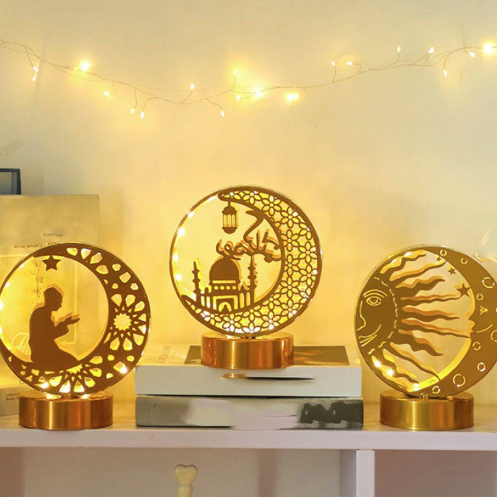 Crescent Pattern Ramadan Night Light Gold Eid Mubarak Decorative Lamp Moon Castle LED Light Hotel