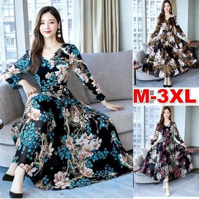 Long-sleeved V-neck Dress Women's Autumn Slim Fit Women's Long A-line Large Skirt