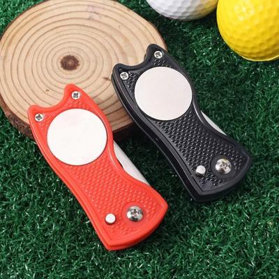 Magnetic Marker Golf Divot Repair Tool Foldable Sturdy Handle Putting Green Fork Aluminum Alloy Pop-up Button Golf Repair Fork