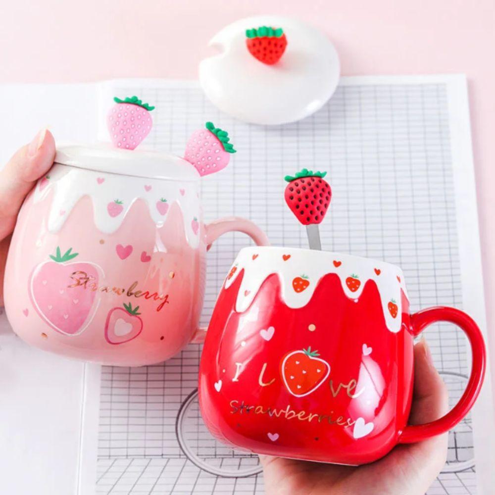 450ML Capacity Strawberry Mug Pink Color Ceramic Mug Cute Design Porcelain Mug Student Use