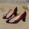 Square Head High Heels Women's Bow Rhinestone Red Wedding Shoes Bride Shoes 2025 New Spring and Autumn French Thick Heel Single Shoes
