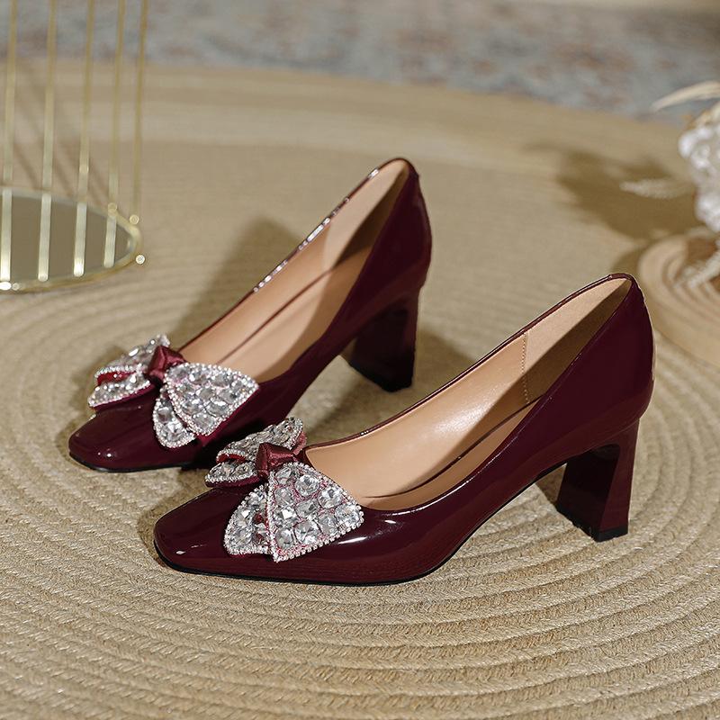 Square Head High Heels Women's Bow Rhinestone Red Wedding Shoes Bride Shoes 2025 New Spring and Autumn French Thick Heel Single Shoes
