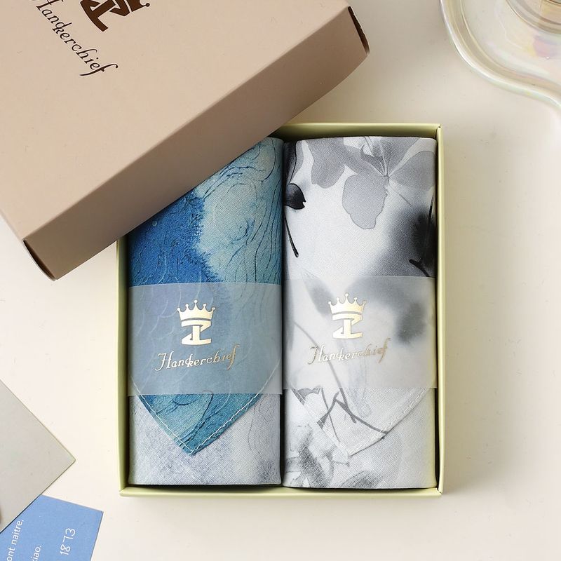 

Женский носовой платок из 100% хлопка с принтом, 34 см, в китайском старинном стиле, винтажный, квадратное полотенце, подарочная коробка Rhine + Lanting Ink Flower(Double-bar gift box])