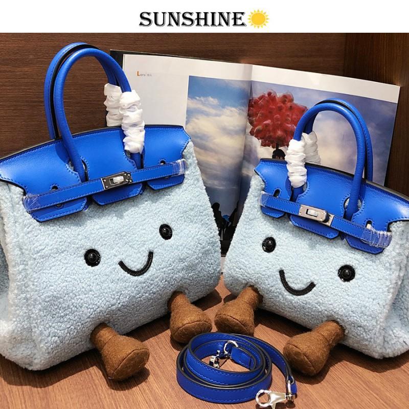 Cute Plush Smiley Crossbody Bag Top Grain Leather With Lamb Wool Fashion Single Shoulder