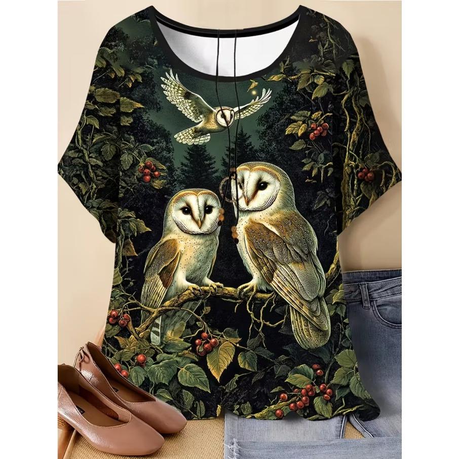 XL-7XL Plus Size Women's Casual Owl 3D Print Loose Round Neck Short Sleeved T-shirt Top