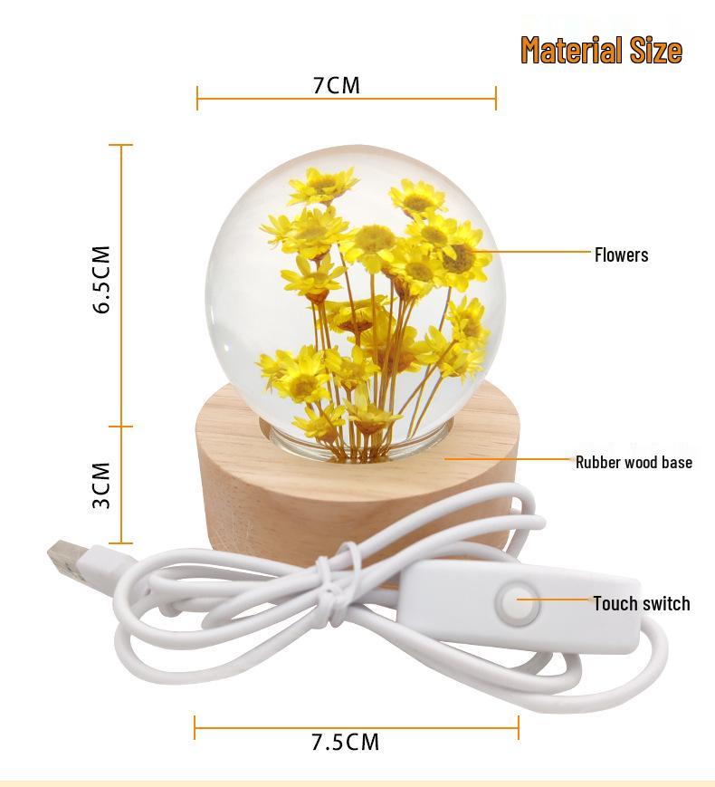 Touch Dimmable Crystal Ball Lamp with Creative Resin Flowers for Mid-Autumn Festival