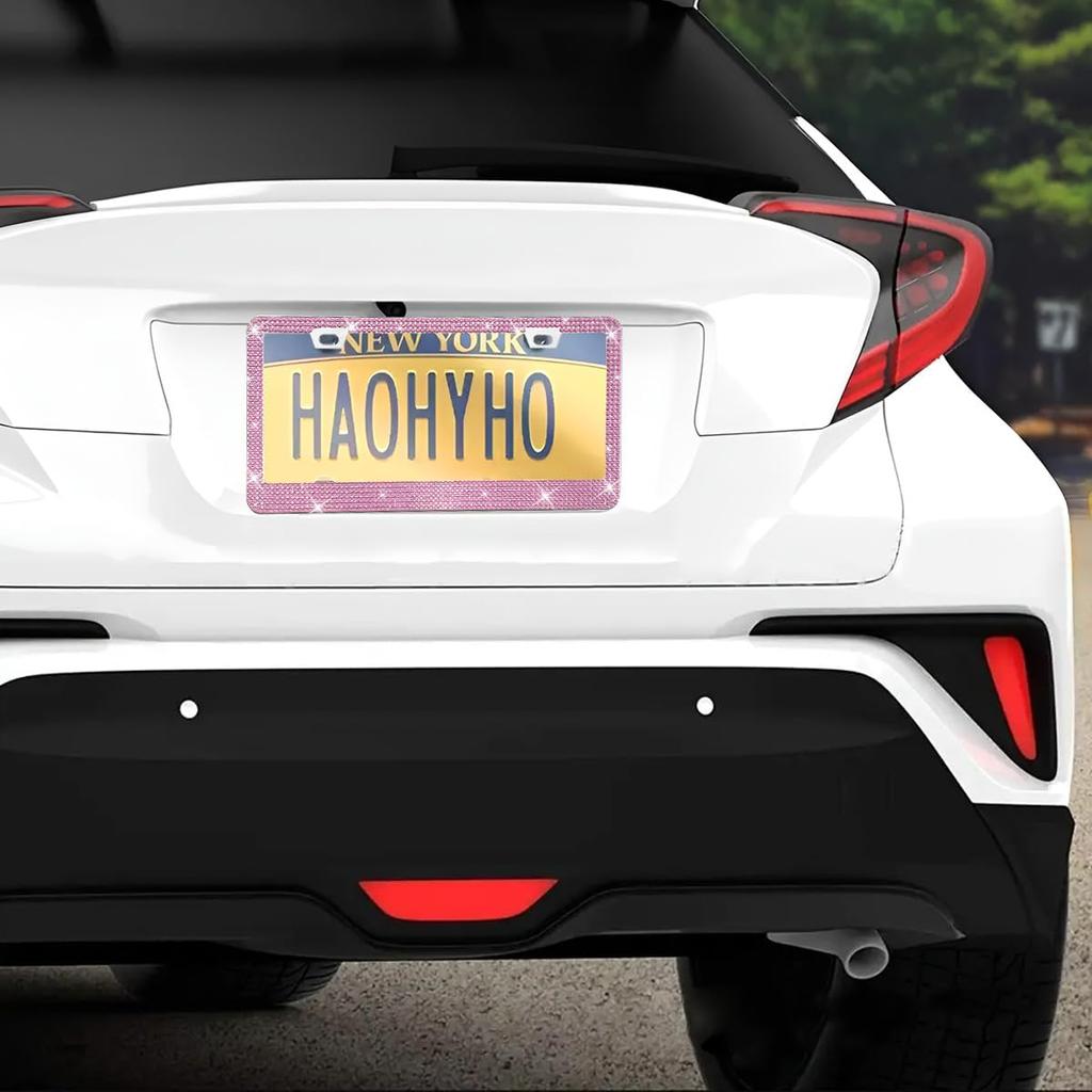 Bling Car License Plate Frame, 2PCS Crystal Sparkly Rhinestone Stainless Steel Vehicle License Plate Holder for Women Girl, Diamond Automotive