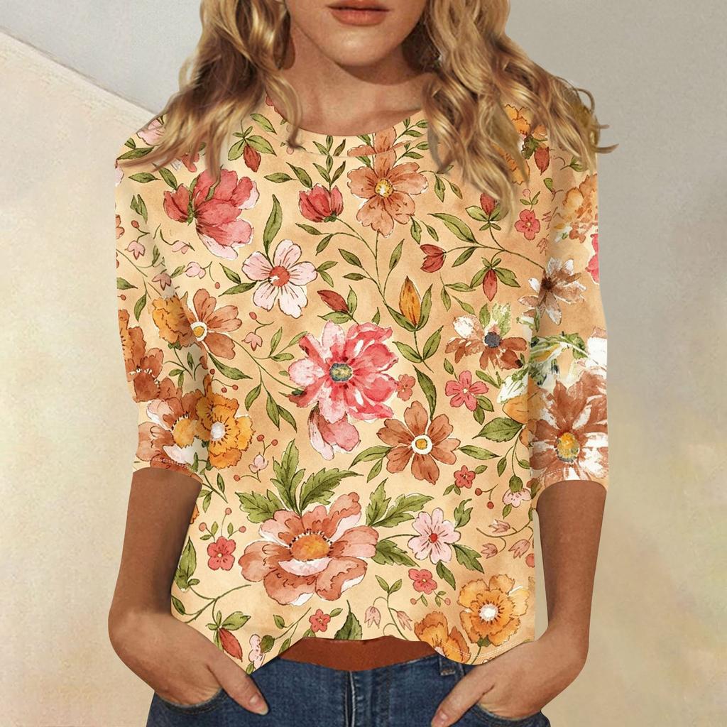 Damen Lässiges Blumenmuster Oberteil Dreiviertelarm Rundhals Bluse Leicht Bequeme Passform Stilvolles Design