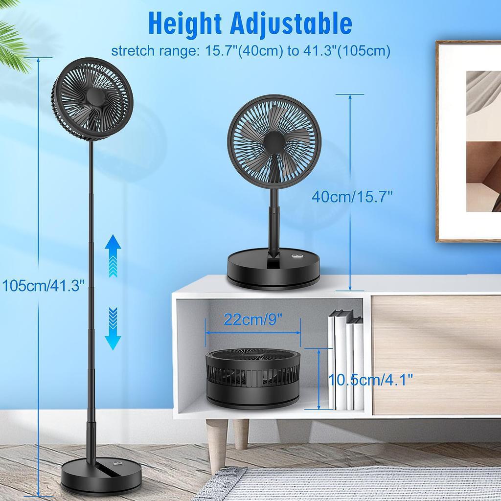 Portable Foldable Wireless Charging Fan with Silent Operation, Telescopic Design, Large Airflow, and Remote Control.