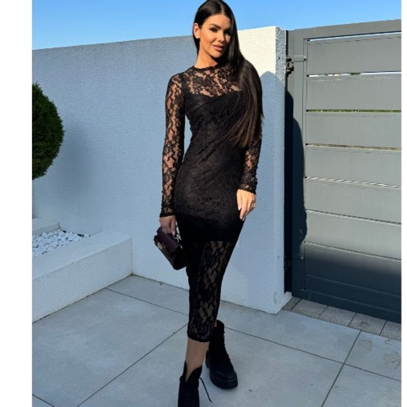 

Осень Новая Европейская и Американская Мода круглый Вырез Сексуальное Прозрачное Кружево Облегающее Миди Длина Длинный Рукав Платье Базовая Юбка Женщины Black(Figure) 2XL