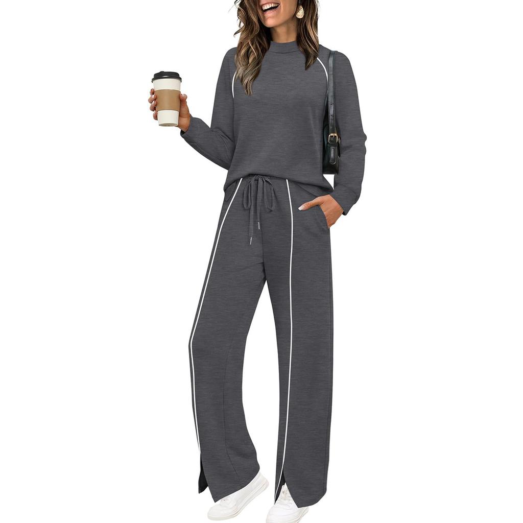 Women's Fashion Solid Color Long Sleeve Top Elastic Waist Straight Pants Casual Set