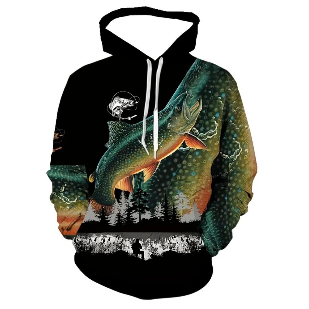 Fashion Fishing Pattern Print Hoodies for Man Autumn Winter Outdoor Loose Enthusiast Long Sleeve with Pockets Men's Sweatshirt
