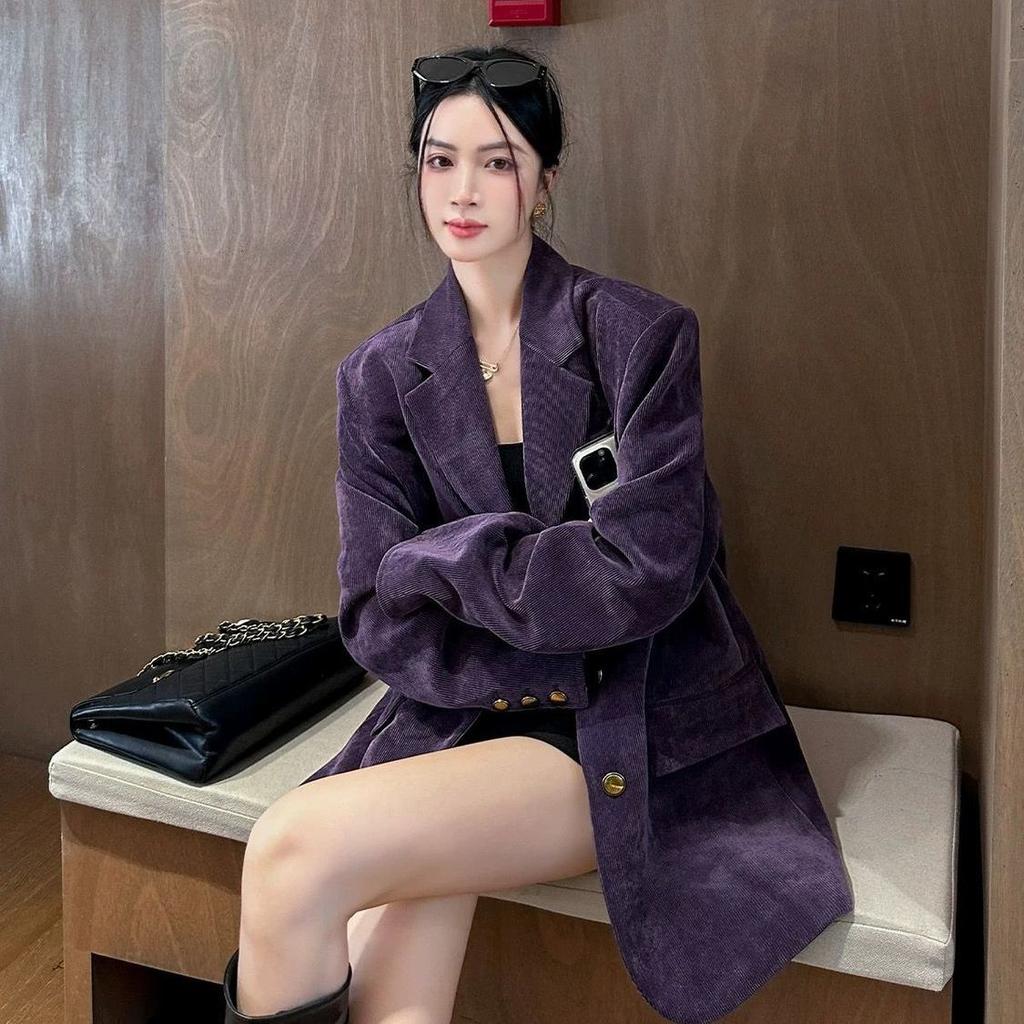 Korean Style Purple Corduroy Blazer Women Loose Fit Vintage Long Sleeve Spring Autumn High End Small Batch Suit