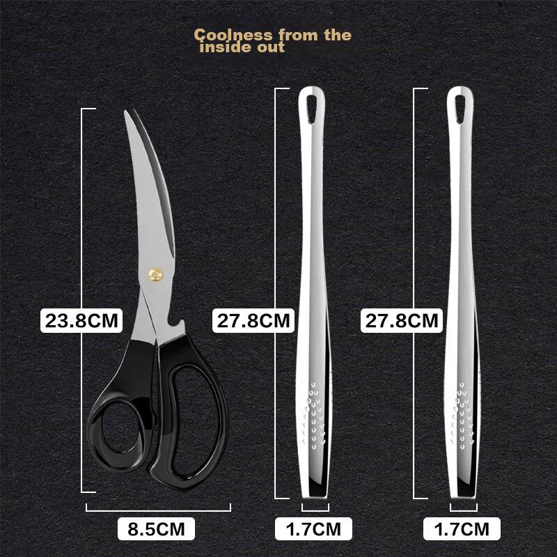 Weijian 3-Piece Stainless Steel Barbecue Tongs, Steak And Meat Scissors, Kitchen Food Equipment Set