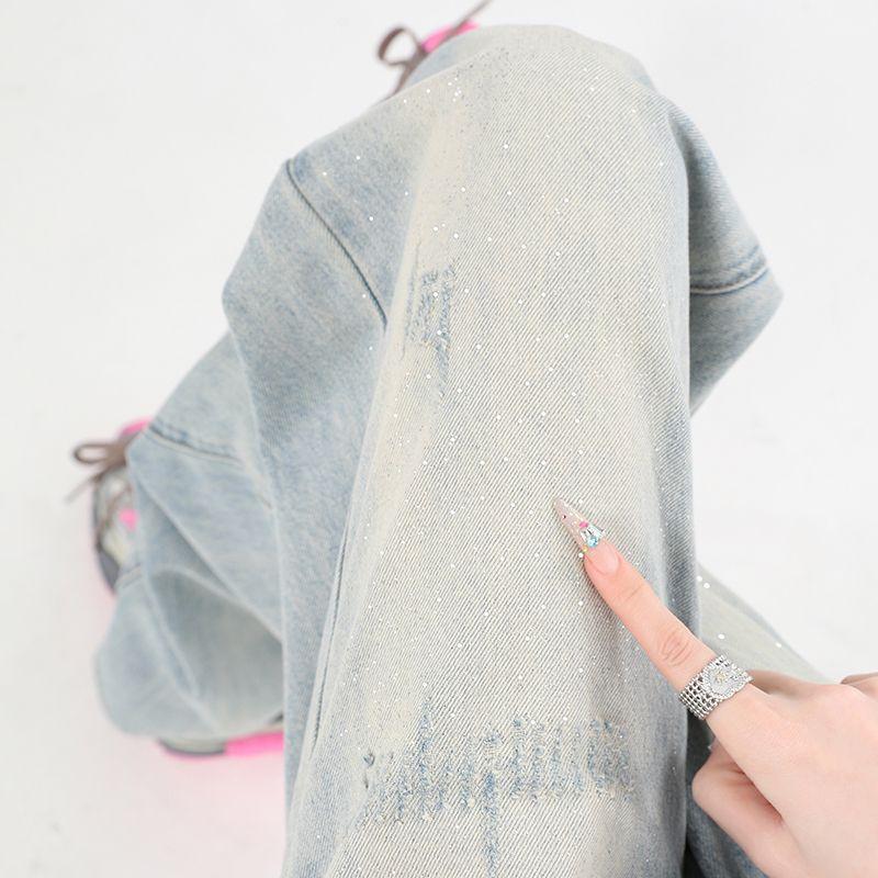 Spring Summer Vintage Light Blue Fine Glitter Gold Foil Tencel Wide Leg Denim Pants For Ladies Casual Pants Oversize Denim Trousers