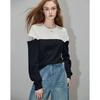 Demana French Style Waffle Knit Patchwork Off-Shoulder Sweatshirt