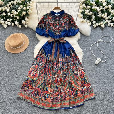 Verão Mulheres Plus Size Manga Lanterna Estampa Vintage Camisa Vestidos Oversize com Cordão