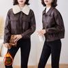 Fashion fleece thickened leather jacket women's winter new retro locomotive leather jacket short top