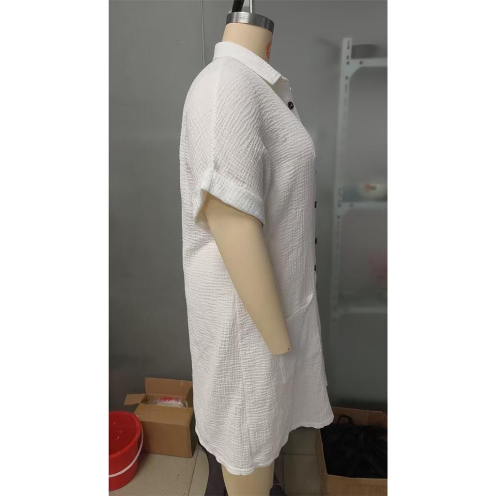 Women's Shirt Dress Solid Color Short-sleeved Lapel Cotton Linen Casual Loose Dress