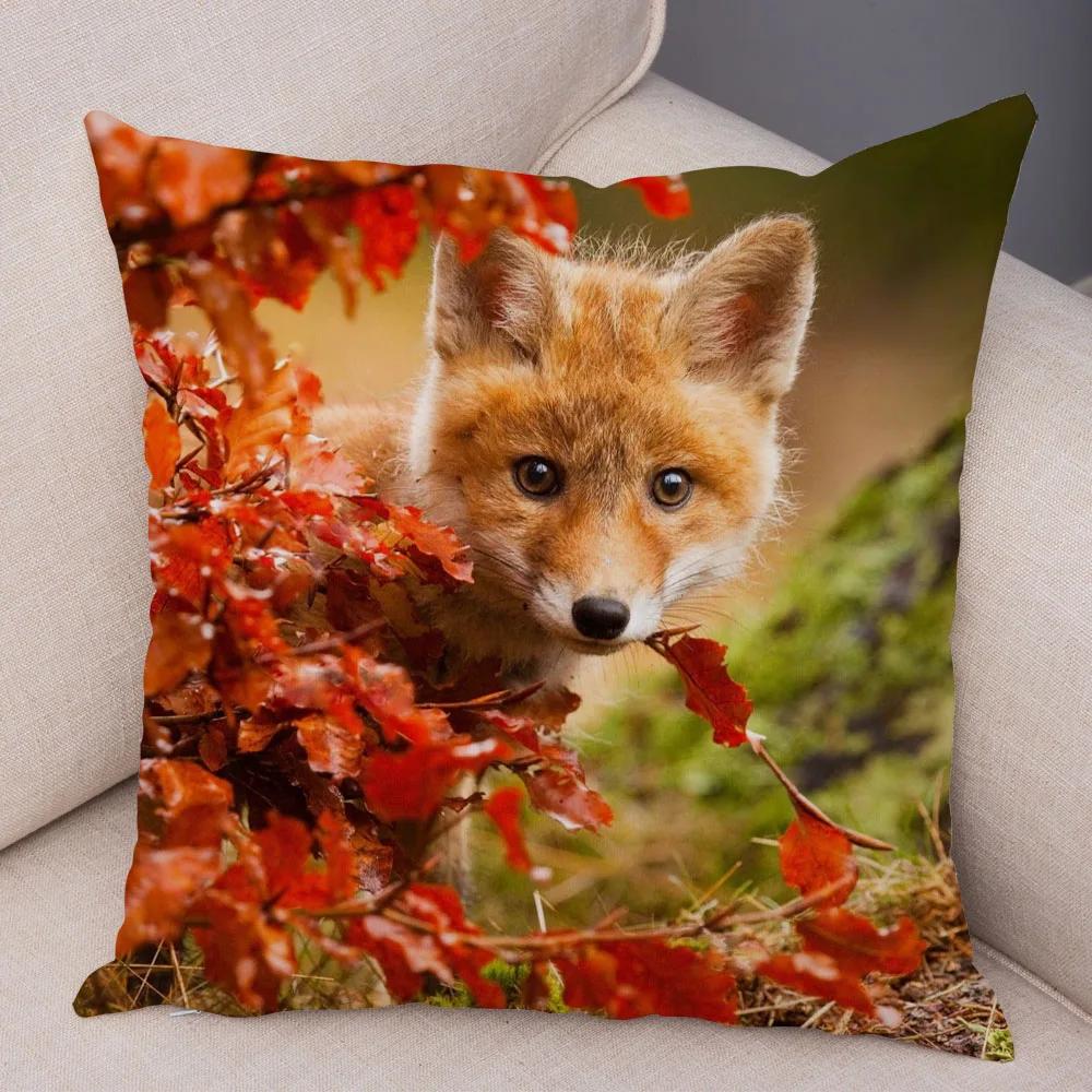 Cute Wild Fox Print Pillowcase Decorative  Animal  Polyester Cushion Cover for Sofa Home Car