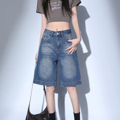 High Waist Black Retro Washed Denim Shorts Women'S Harajuku Vintage Fashion Casual Loose Y2K Streetwear Mid Long Wide Leg Pants