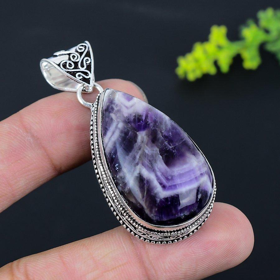 Chevron Amethyst Gemstone Handmade 925 Sterling Silver Pendant 2.21" I2S23