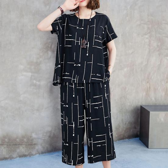 

2 шт./комплект, популярный повседневный наряд с коротким рукавом и круглым вырезом, свободный топ, широкие брюки с принтом, уличная одежда M красный