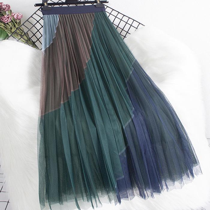 Women Spring Fall High Waist All Match Color Block Mesh A Line Skirt