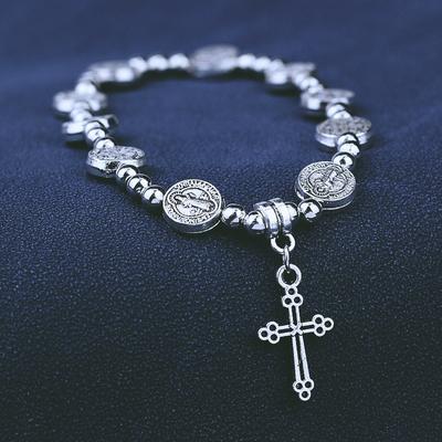 Retro Silber Farbe Saint Icons Religiöse Jesus Kreuz Perlen Armbänder Katholischen Christian Schmuck Rosenkranz Geschenk