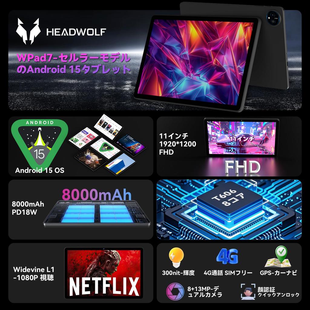 10 Inches or Android Headwolf WPad7 Android 15 Widevine L1 T606 14GB 128GB 8000mAh SIM 4G Face Recognition Wireless Projection Hall Switch [Tablet