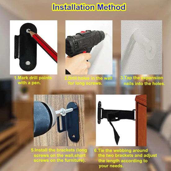 1 Set Anti-Tip Furniture Anchoring Kit with Adjustable Straps Screws Baby Proofing Baby Pet Safety Furniture Securing Wall Anchoring Device Tools