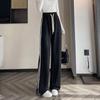 Women's High-Waist Drawstring Wide-Leg Sweatpants, Grey Fleece-Lined with Three Stripes - Spring, Autumn, & Winter Casual Floor-Length Draping Style.