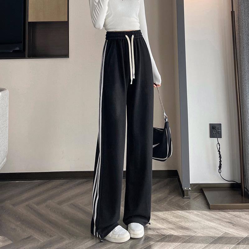Women's High-Waist Drawstring Wide-Leg Sweatpants, Grey Fleece-Lined with Three Stripes - Spring, Autumn, & Winter Casual Floor-Length Draping Style.