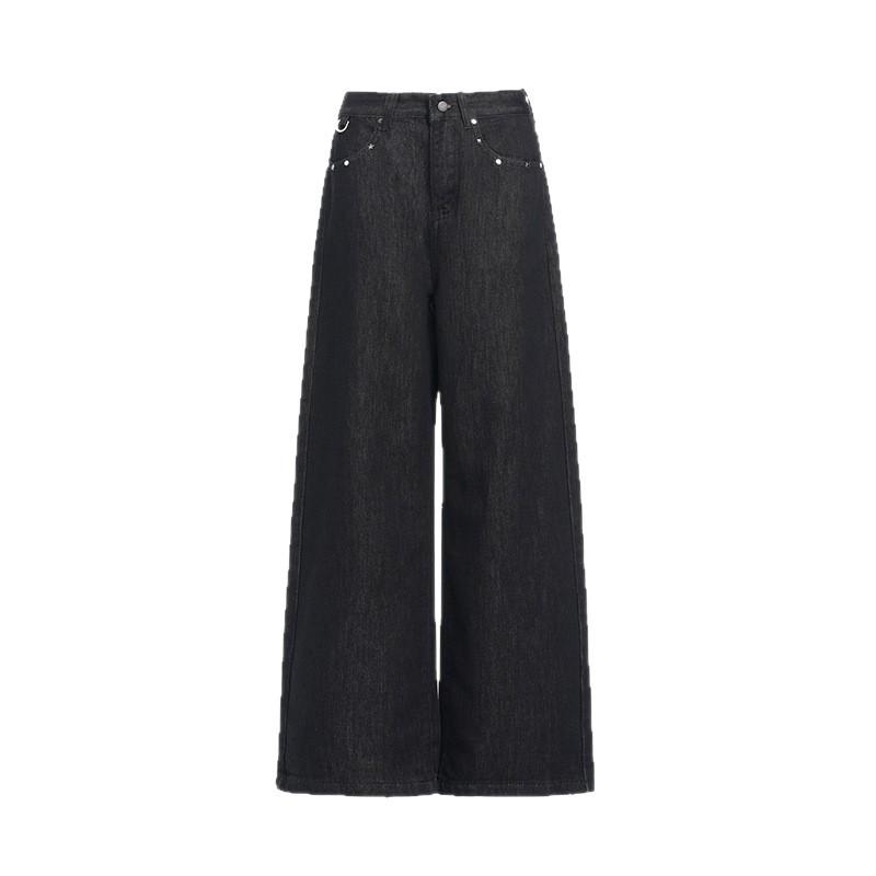 American design rivet black denim primary color straight jeans women's loose high waist thin drape wide leg pants