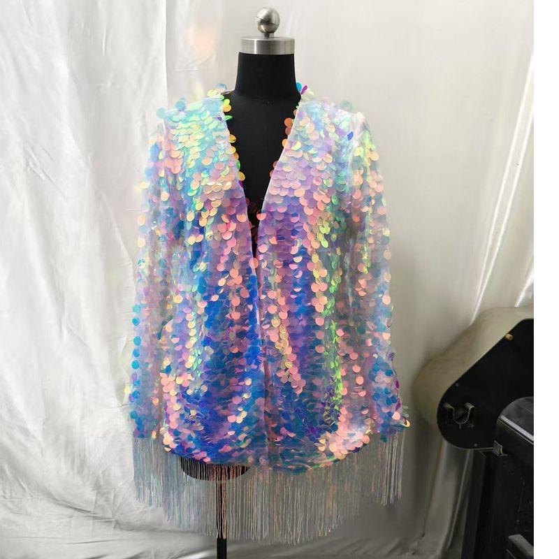 

New Foreign Trade Women clothes Colorful Large Sequins Holiday Style Small Sequin Tassel Fashion Niche Cardigan Outerwear Coat Rainbow color Free size