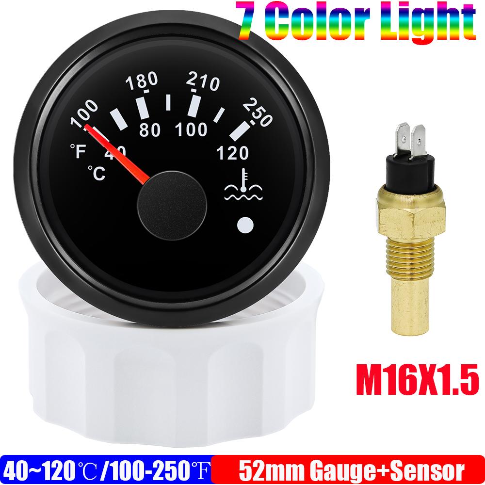 40~120℃,100~250℉ 52mm Water Temp Gauge+Sensor 1/8NPT 7 Color LED Water Temperature Meter Alarm Auto Car Marine Boat Motor 12V24V