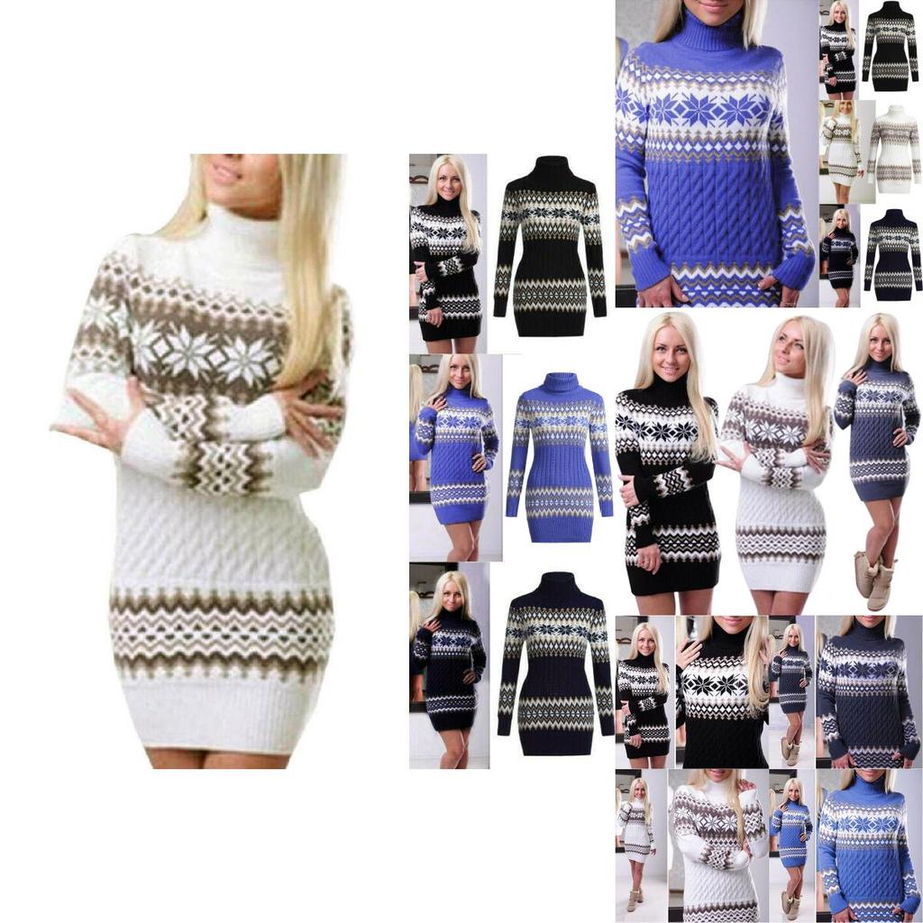 Elegant Christmas Woman Turtleneck Sweater Dress With Festive Snowflake Pattern